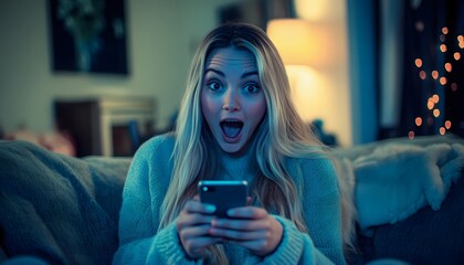 Woman with an expression of surprise looking at her mobile phone.