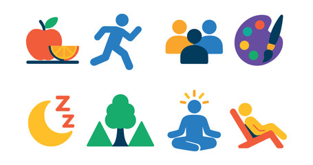 Flat vector icons of stress-free lifestyle: balanced diet, exercise, social connection, hobby, sleep, nature, mindfulness, relaxation.
