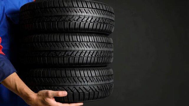 Mechanic carrying stack of three new black car tires in garage on dark background, transportation and automotive service concept