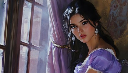 Fototapeta premium A young woman gazes out a window, dressed in a violet gown.