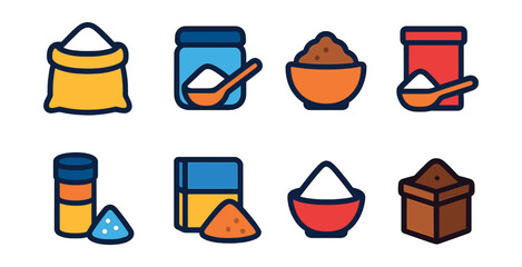 Flat vector icons of basic dry baking ingredients: all-purpose flour, granulated sugar, brown sugar, baking powder, baking soda, salt, cornstarch, cocoa powder.