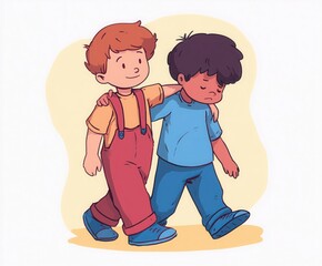 Diverse Children's Friendship Illustration: Playful Boys Walking Together in Colorful Cartoon Art