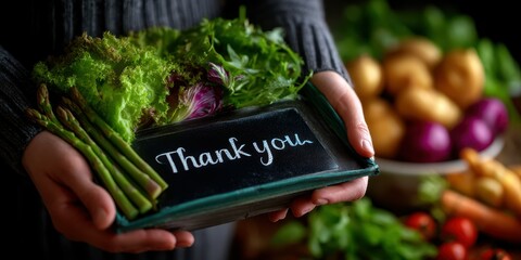 Fresh vegetables in hand with a gratitude message for local farmers in a cozy kitchen setting