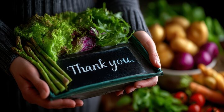Fresh vegetables in hand with a gratitude message for local farmers in a cozy kitchen setting - Powered by Adobe