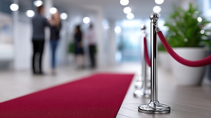 Red Carpet Leading to Blurred Figures in a Bright Hallway, Symbolizing Success and Exclusive Event Access for Corporate Achievement : Generative AI