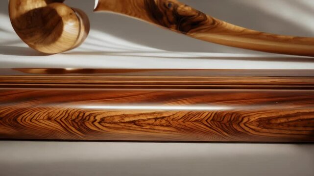 Sculpted wood detail featuring swirl element and linear grain, resting on a wooden surface with parallel grooves.