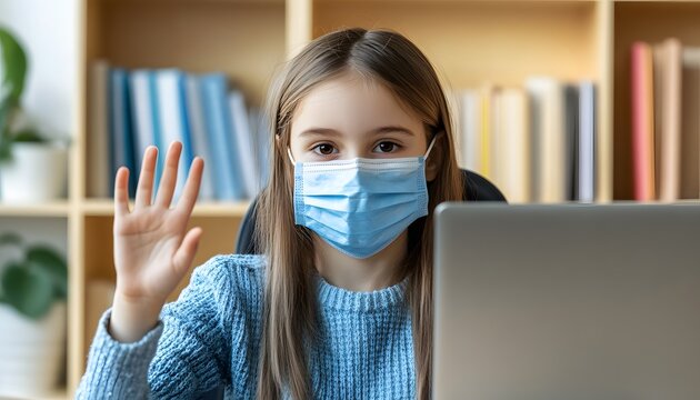 Young girl wearing a protective mask waves during an online class.