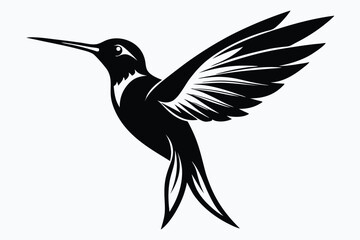 Elegant Black Silhouette of a Hummingbird in Flight with Detailed Wing Feathers Displayed