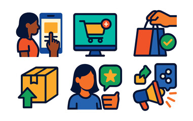 Flat vector icons of shopping behaviors: browsing, adding to cart, comparing products, making purchase, writing review, returning item, recommending product, sharing on social media.