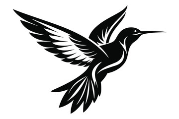 Silhouette Illustration of a Hummingbird with Wings Spread MidFlight, Black Graphic Art