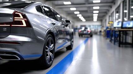Silver Car in Automotive Factory, Displaying Modern Manufacturing and Technological Advancement in Transportation Industry : Generative AI