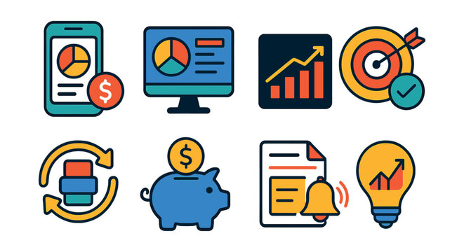 Flat vector icons of digital finance features: expense tracker app, budget planner dashboard, monthly report graph, financial goal progress, subscription management, savings automation, bill reminder