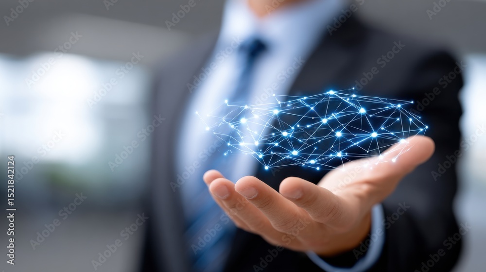 Poster businessman holding glowing network in hand, representing innovation and digital transformation in b