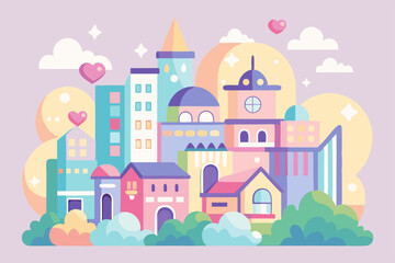 Fototapeta premium A magical fairy tale castle with pink towers stands tall, a cartoon vector illustration perfect for a princess's kingdom or a charming fantasy village landscape
