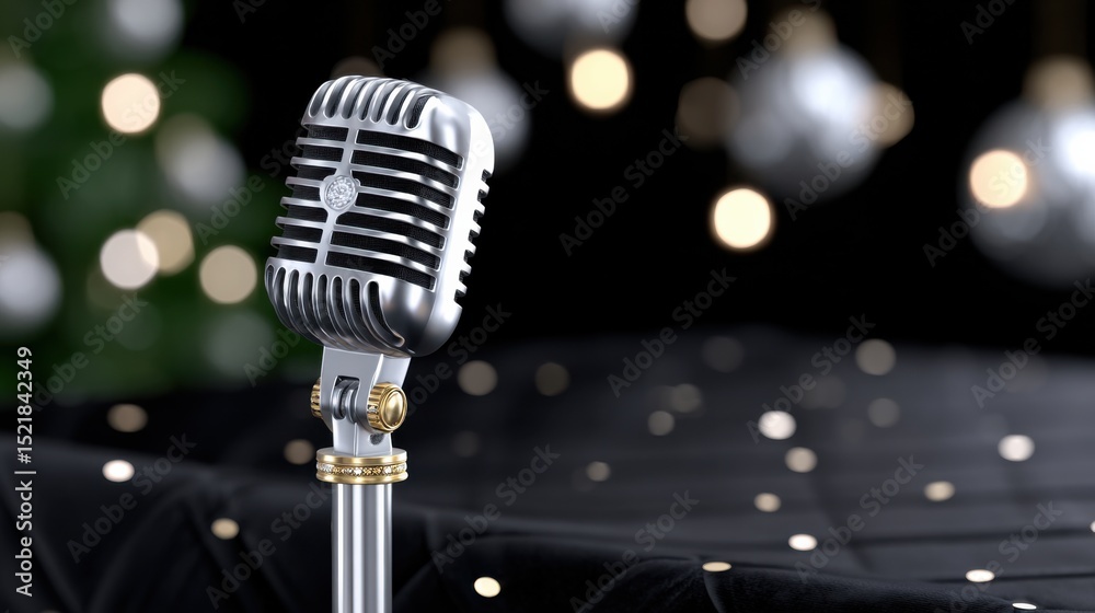 Poster vintage microphone on stage with bokeh lights, evoking nostalgia and representing live entertainment