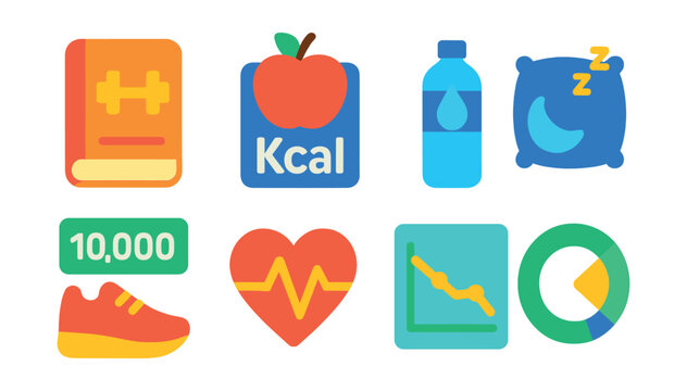 Flat vector icons of health monitoring apps: workout diary, calorie intake log, hydration tracker, sleep quality report, step count summary, heart rate graph, weight tracking chart, goal progress