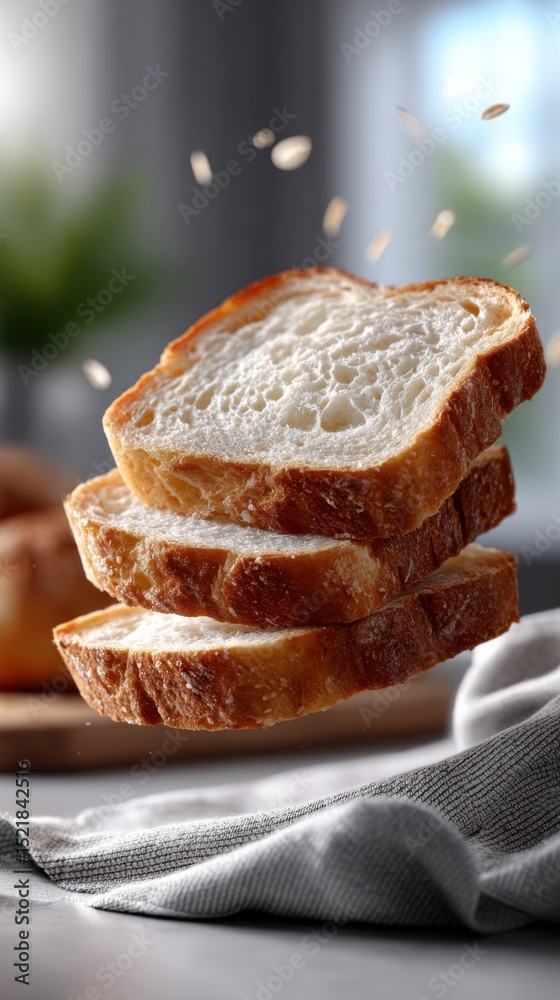 Poster stack of sliced bread with falling grains, representing freshness and healthy eating for food blogge