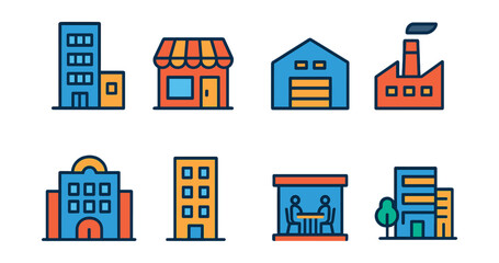 Flat vector icons of commercial properties: office tower, retail store, warehouse, factory, shopping mall, hotel, coworking space, business park.