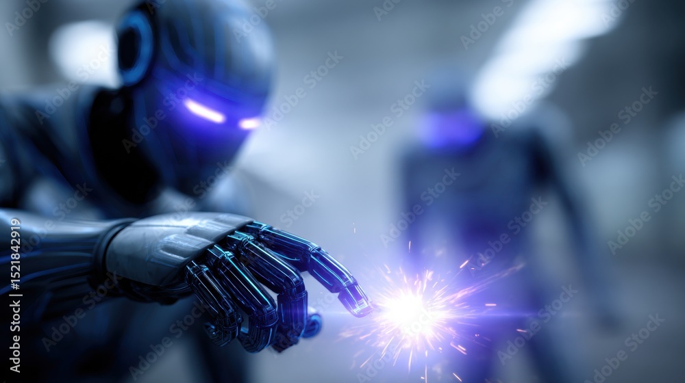 Poster Futuristic Robot Touching a Spark With Glowing Eyes, Representing Technological Innovation and Digital Transformation in Automation and Robotics : Generative AI