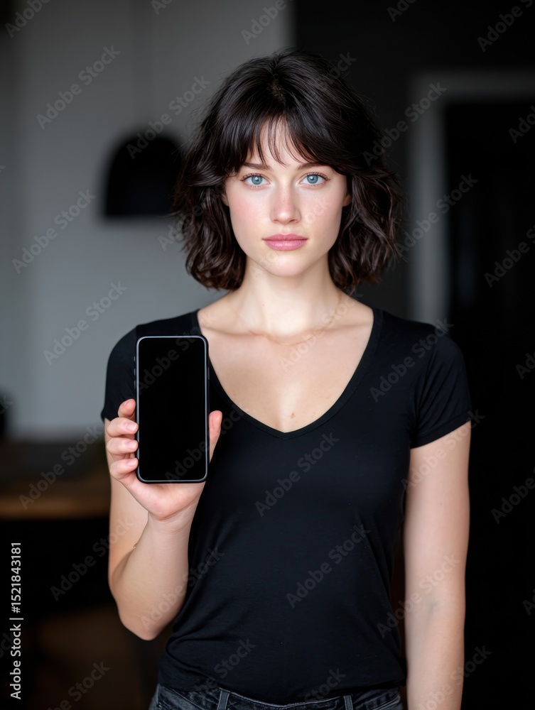 Poster young woman holding smartphone with blank screen, demonstrating mobile technology and app developmen