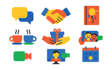 Flat vector icons of social life: chat bubbles, handshake, coffee meet-up, party invitation, gift exchange, group selfie, video call, calendar event.
