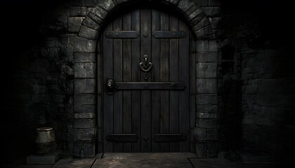 Dark, aged wooden door in a stone archway.