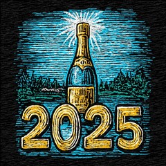 Cheers to 2025: Artistic Champagne Celebration Illustration for New Year Festivities