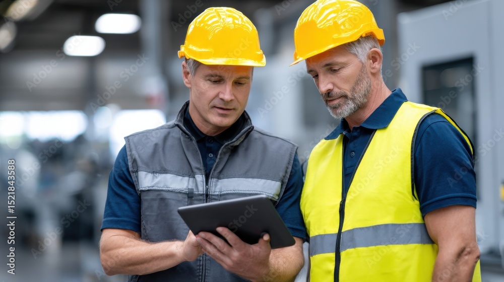 Poster two factory workers reviewing data on a tablet, representing industrial innovation and workplace col