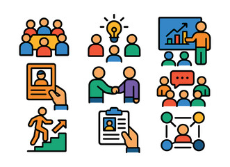 Flat vector line icons of office teamwork: group meeting, brainstorming session, leader presenting, HR recruitment, employee handshake, team discussion, career ladder, CV review, workgroup