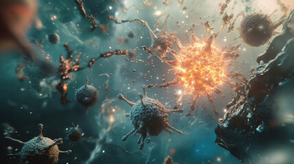 Fototapeta premium Cellular battle scene with virus and immune forces, immune metaphor for natural disease resistance 