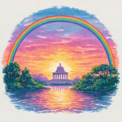 Vibrant Rainbow Arches Over Tranquil Horizon: A Serene Sunset Symphony in Multi-Colored Splendor