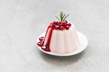 Pomegranate Cream pudding, Panna Cotta. With sauce. On a plate. Copy space