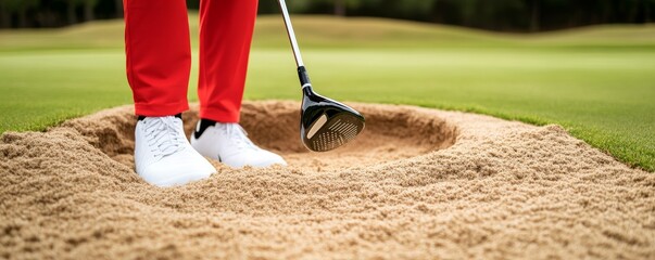 Golfer in Bunker with Club, Red Pants and White Shoes, Golf ,Sandtrap