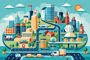 Seamless cartoon vector illustration of a bustling urban street with cars and diverse city transport