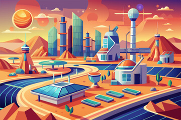 Colorful vector illustration of an urban city skyline at night with diverse architecture and street views