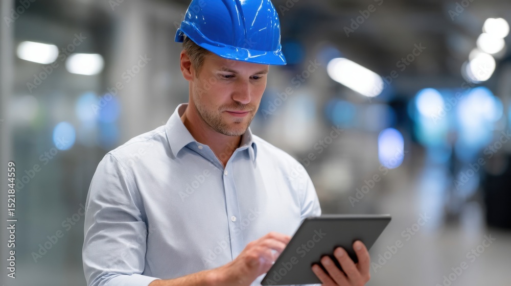 Poster engineer in blue hard hat using tablet in modern factory, representing industrial innovation and dig
