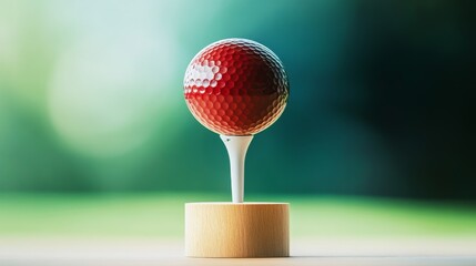 Red Golf Ball on Tee with Wooden Base, greens ,sport