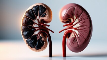 Juxtaposed medical illustration of two human kidneys—one healthy and one damaged—highlighting the contrast in organ condition. Ideal for healthcare, nephrology, and disease awareness content.