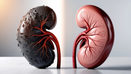Juxtaposed medical illustration of two human kidneys—one healthy and one damaged—highlighting the contrast in organ condition. Ideal for healthcare, nephrology, and disease awareness content.