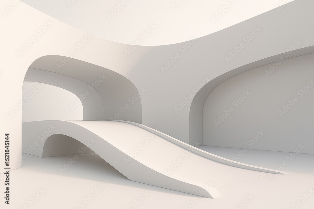 Poster smooth white ramp bridging between arched openings in minimalist architectural design, illuminated b