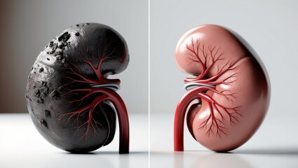 Juxtaposed medical illustration of two human kidneys—one healthy and one damaged—highlighting the contrast in organ condition. Ideal for healthcare, nephrology, and disease awareness content.