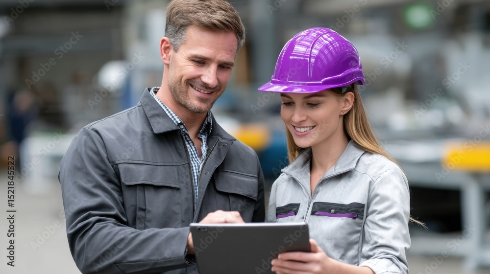 Poster Two Factory Workers Reviewing Data on a Tablet, Representing Industrial Progress and Workplace Collaboration, Using Technology for Project Management and Efficiency : Generative AI