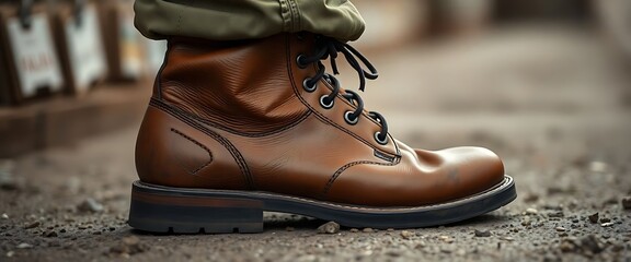 close up of a person wearing brown boots