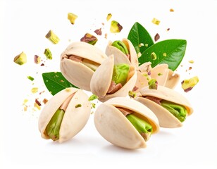 Cracked pistachios mid-air with crumbs, white background