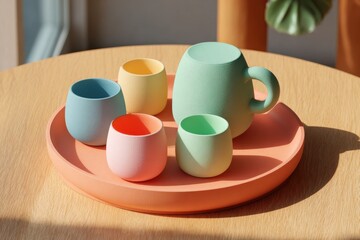 Pastel colored cups and a matching pitcher on a tray, placed on a wooden table creating a minimalist and cheerful atmosphere, perfect for tea time.