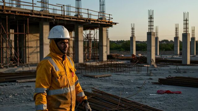 Man construction worker wearing uniform and hard hat at building site. Engineer looking at uncomplete skyscraper development in evening footage.