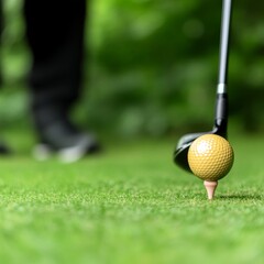 Yellow Golf Ball on Tee with Club Background, Golfing , Sport