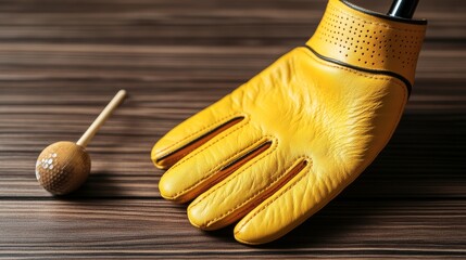 Yellow Leather Golf Glove with Wood Putter on Wood Surface, Golf gear , Sport