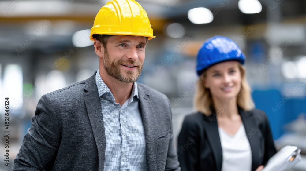 Poster two engineers wearing hard hats in a factory, representing workplace safety and industrial inspectio