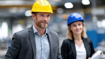 Two Engineers Wearing Hard Hats in a Factory, Representing Workplace Safety and Industrial Inspection, With Focus on Collaboration and Project Management : Generative AI